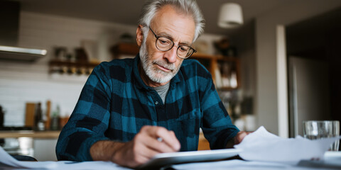 Retirement Planning - Elderly man reviewing documents and using a tablet at home, focused on financial planning and retirement savings