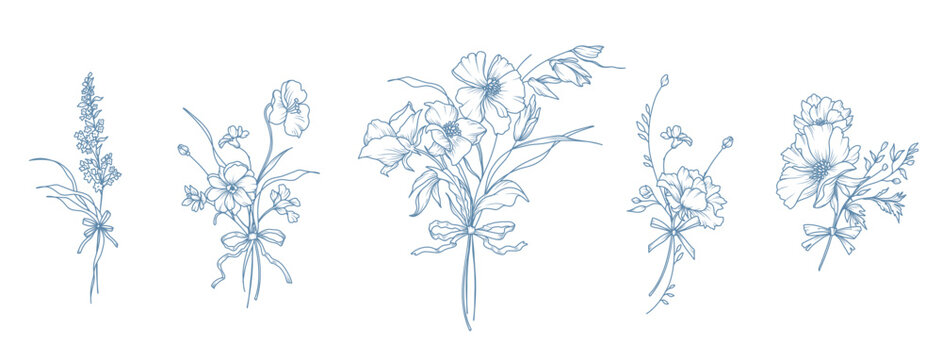 Elegant small Bouquets and Bows. Hand drawn Floral delicate botanical line art.  Wild and garden Flowers, leaves, herbs. Vector illustration for tattoo, wedding invitation, save the date card, frame