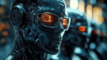 Fototapeta premium Futuristic robot head, close-up, urban city background, observation