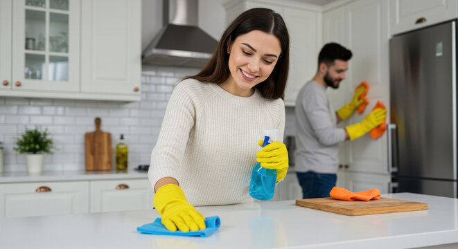 Happy Couple Cleaning Kitchen Together: Home Care, Housework, and Healthy Living. Sparkling Results Guaranteed!