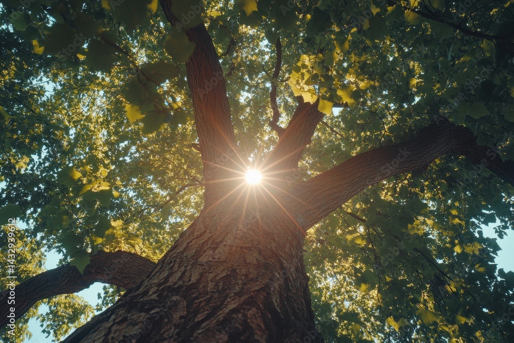Poster looking up at large green trees sparkling in sunlight from a bottomup perspective in a tranquil fore