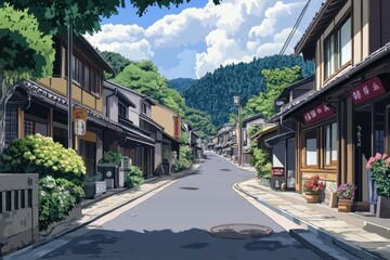 Fototapeta premium Charming anime backdrop showcasing a peaceful street lined with traditional houses and lush greenery, A charming anime backdrop featuring a picturesque street anime Photo background