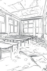 Abandoned and damaged classroom with broken desks and chairs covered in debris and dirt