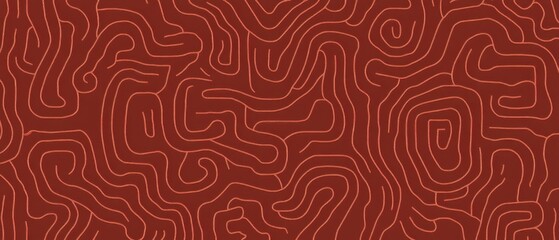 Abstract topographic map seamless pattern in terracotta and coral, representing elevation lines and contour design for backgrounds and textures