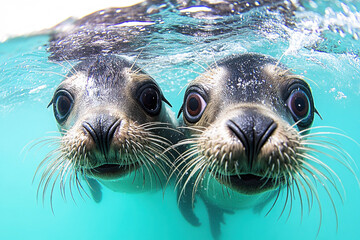 Two curious seals peek from underwater, showcasing their whiskered faces and expressive eyes against a vibrant blue background.