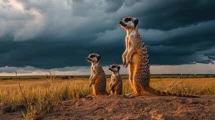 Three meerkats stand alert on a mound, observing their surroundings against a dramatic stormy sky.