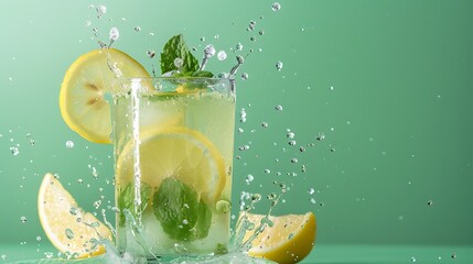 A refreshing splash of mint lemonade with droplets suspended on a solid green background.