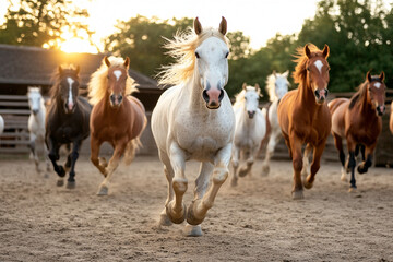 Fototapeta premium Horses galloping freely in a sunlit field during early evening hours