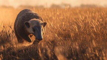 A close-up of a running armadillo in a golden field during sunset, showcasing its unique texture and vibrant environment.