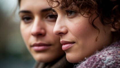Obraz premium Two women looking toward the distance, expressing a sense of calm and peacefulness, possibly conveying thoughts or feelings of connection. A beautiful artistic portrait.