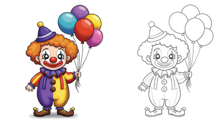 Naklejka premium Cheerful Clown: A captivating and whimsical illustration of a jovial clown, complete with a vibrant costume and holding a bunch of colorful balloons, embodies the essence of entertainment and fun. 