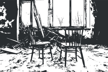 Two old wooden chairs in a decayed, abandoned room with broken windows and debris