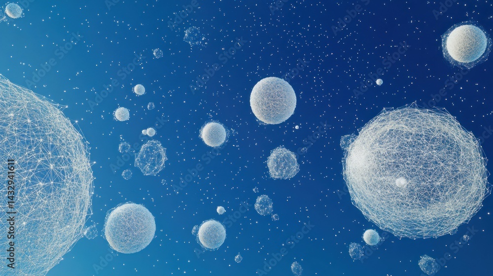 Aufkleber abstract digital art of interconnected spheres floating in a blue space.