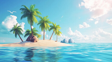 Island Paradise: A vibrant, sun-kissed tropical island, graced with swaying palm trees and pristine sands, invites with turquoise waters under a cloud-speckled sky.