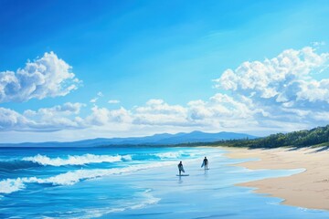 Stunning coastal landscape of Noosa Heads beach showcasing surfers against a vibrant blue sky, Beautiful coastal landscape of Noosa Heads beach Surfers in blue ocean water