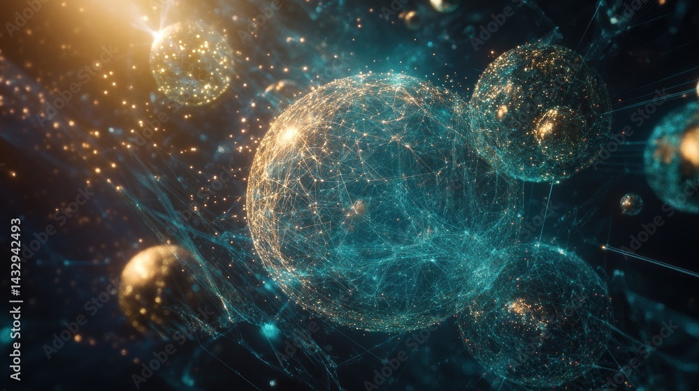 Poster abstract digital spheres interconnected by glowing lines in a dark space.