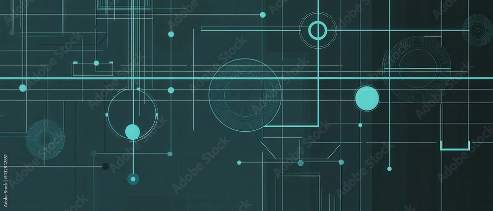 Poster abstract teal blueprint design with geometric shapes and lines for engineering or technology backgro