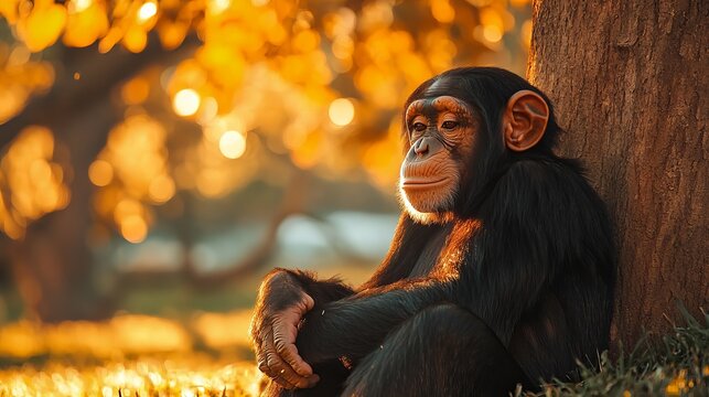 A contemplative chimpanzee sitting under a tree, surrounded by warm autumn colors and soft sunlight.