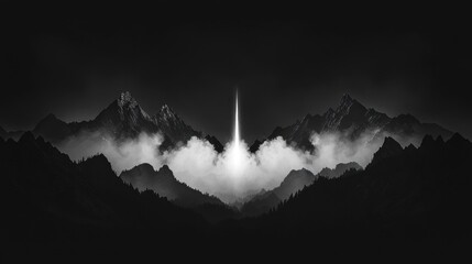 A dramatic black and white image of a rocket launching from a mountain peak, with a dramatic cloud formation in the foreground.