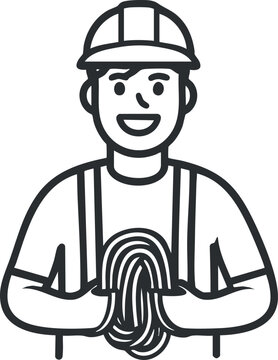 recommend clip art: Line art illustration of a smiling male construction worker wearing a helmet holding a coiled rope