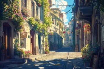 Fototapeta premium Quaint street in a vibrant village brimming with flowers and sunshine during a peaceful afternoon, An anime background showcasing a quaint street scene anime Photo background