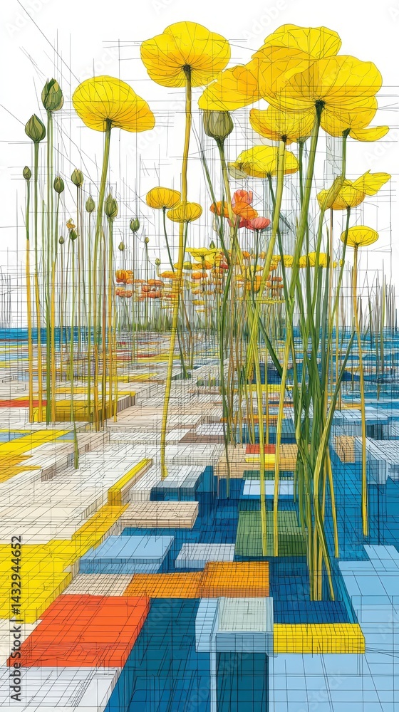 Aufkleber vibrant abstract flowers with geometric patterns and lines on a bright background