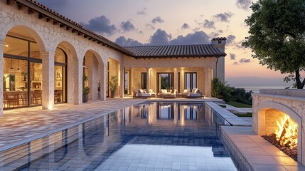 Fototapeta premium A breathtaking Mediterranean villa with an expansive courtyard terrace