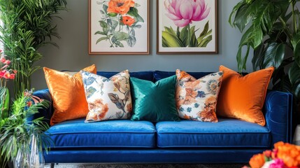 Vibrant blue velvet sofa with orange and floral patterned cushions, botanical art, and lush green plants.