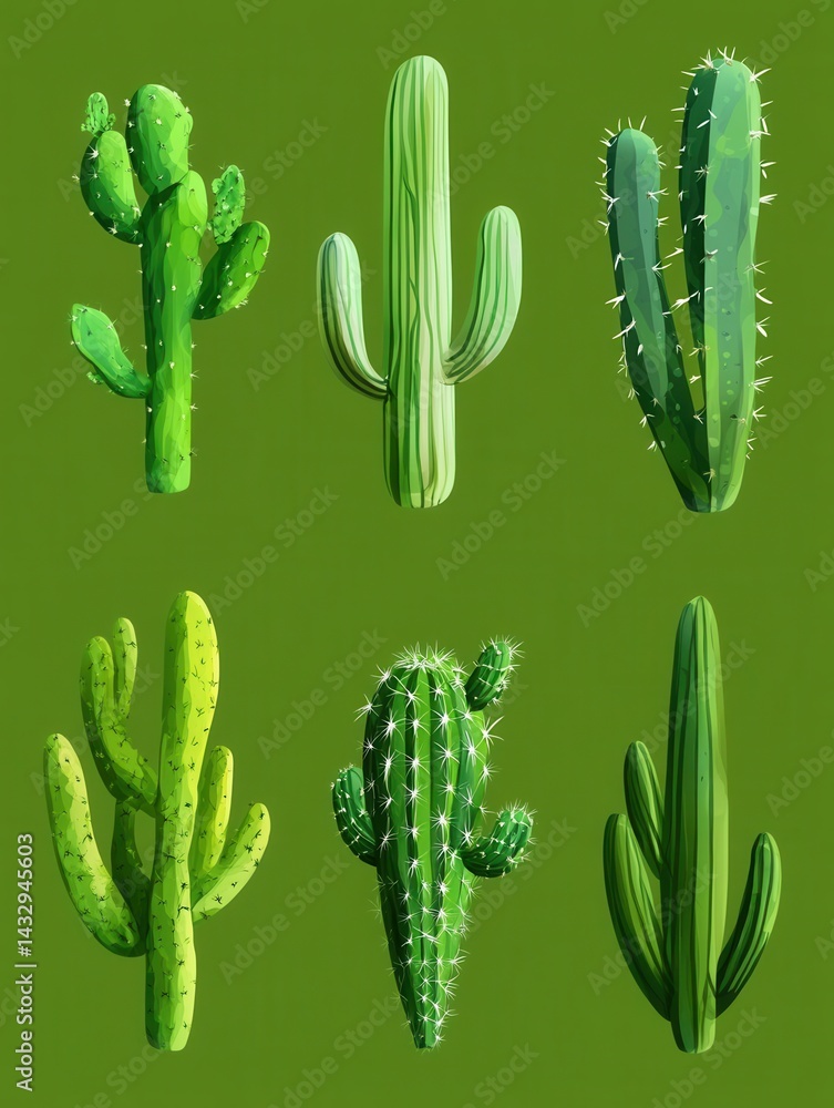 Poster artistic cactus collection on green background capturing desert botanical illustration with various 