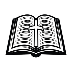 Open Book Silhouette with Cross Symbol, Black and White Religious Icon, Simple Design