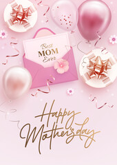 Happy mother's day vertical web banner, poster, greeting card design template. Realistic 3d helium balloons, envelope and gift box on pink background. Mother day. Vector illustration