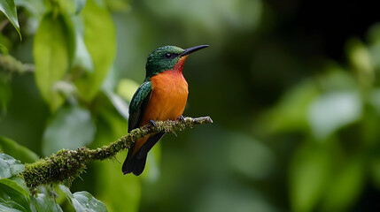 Colorful Hummingbird Perched On Branch In Lush Tropical Forest
