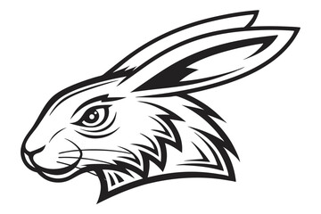 Hare Head Profile in Black and White with Geometric Style Mane and Detailed Eye