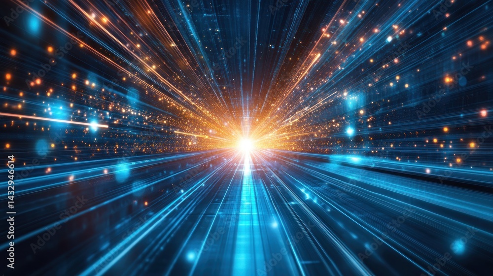 Poster abstract digital tunnel with glowing lines and particles, representing high-speed data flow and futu