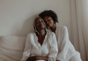 Grandmother and granddaughter share a warm embrace against a neutral backdrop