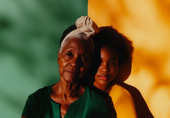 Grandmother and granddaughter share a warm embrace against a neutral backdrop