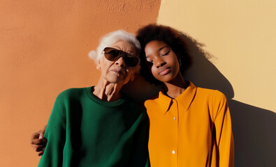 Grandmother and granddaughter share a warm embrace against a neutral backdrop