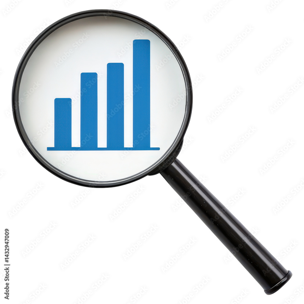 Poster a magnifying glass highlighting a blue bar graph symbolizing data analysis and growth.