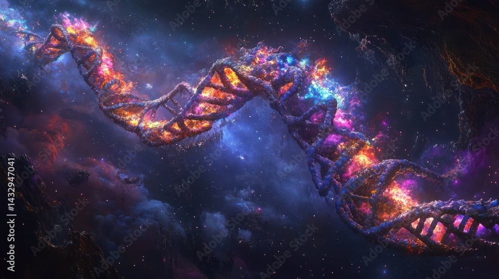 Poster sparkling dna string flows in space. backdrop is nebulae. genetic info concept