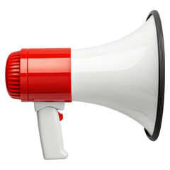 A red and white megaphone designed for amplifying sound, featuring a handle for easy use.