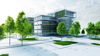 Modern green eco-friendly building architectural design blueprint.