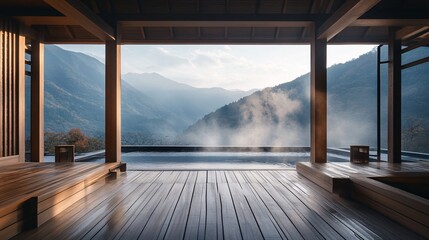 Serene Mountain Hot Spring Spa Deck with Misty View