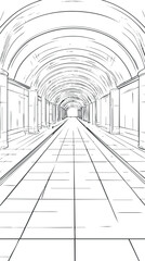 Black and white line drawing of a long tunnel corridor with arches and tiled floor in perspective view