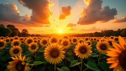 Fototapeta premium Blazing sunset casts long shadows across a sea of sunflowers , flower field, field, horizon
