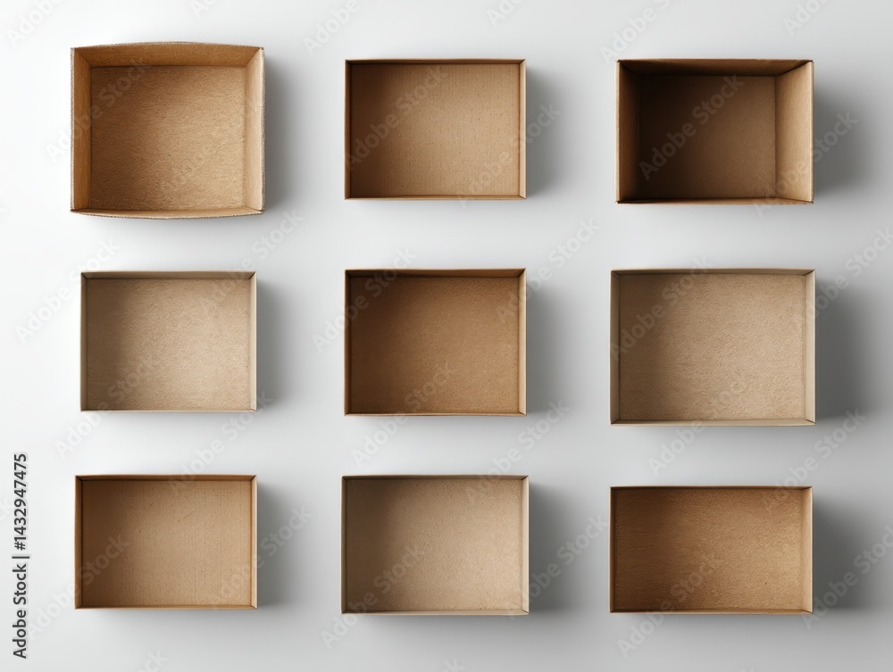 Poster minimalist arrangement of nine empty cardboard boxes on a white surface creating a grid pattern with