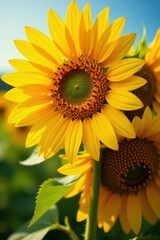 Naklejka premium Close-up sunflowers, intense color, summer texture, golden, wallpaper