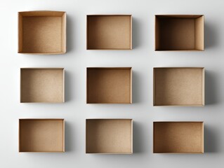 Minimalist arrangement of nine empty cardboard boxes on a white surface creating a grid pattern with soft shadows and neutral tones in a top down view for stock photography