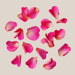 Delicate pink rose petals scattered on a soft beige background creating a romantic and elegant floral arrangement perfect for wedding invitations or spring designs