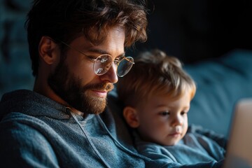Father and Child Looking at Screen