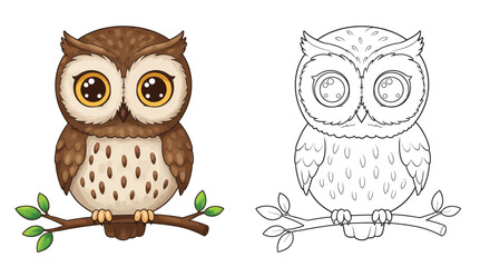 Wise Owl Perched on Branch: A charming illustration of a wise owl, with large expressive eyes and soft plumage, sitting on a branch, available in both color and line art.